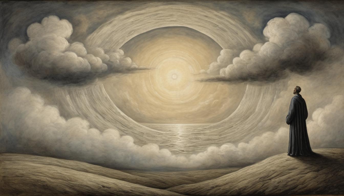  on parchment, surrealism++, a lone figure standing tall against a stormy sky, annular glow around them, symbolic of divine support, sky filled with swirling clouds, sense of resistance and transcendence, breaking free(mysterious, provocative, symbolic)++