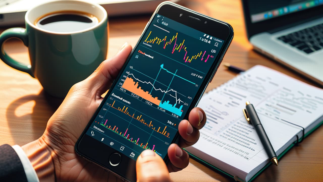  a close up of a hand holding a smartphone displaying stock trading charts, with a background of a coffee cup and a notepad filled with calculations, symbolizing a beginner's trading journey with $500. hyperrealistic, full body, detailed clothing, highly detailed, cinematic lighting, stunningly beautiful, intricate, sharp focus, f/1. 8, 85mm, (centered image composition), (professionally color graded), ((bright soft diffused light)), volumetric fog, trending on instagram, trending on tumblr, HDR 4K, 8K