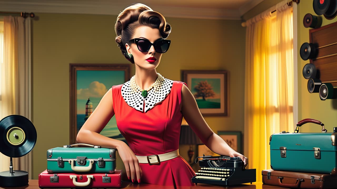  a vintage fashion scene featuring a 1950s polka dot dress on a mannequin, accessorized with a pearl necklace and retro cat eye sunglasses, surrounded by classic vinyl records and a vintage suitcase. hyperrealistic, full body, detailed clothing, highly detailed, cinematic lighting, stunningly beautiful, intricate, sharp focus, f/1. 8, 85mm, (centered image composition), (professionally color graded), ((bright soft diffused light)), volumetric fog, trending on instagram, trending on tumblr, HDR 4K, 8K