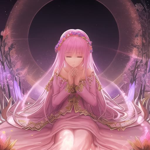  Create an image of a priestess in a pink dress with flowers in her hair praying under under the light of a full moon. Show sparks of light around her aura