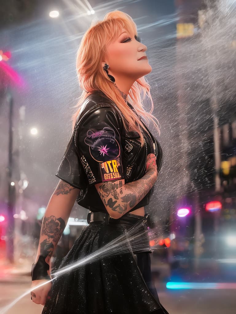  A younger country singer Tanya Tucker, medium shot, upper body, spotlight, long exposure lighting, street art style spray paint, glamour lighting