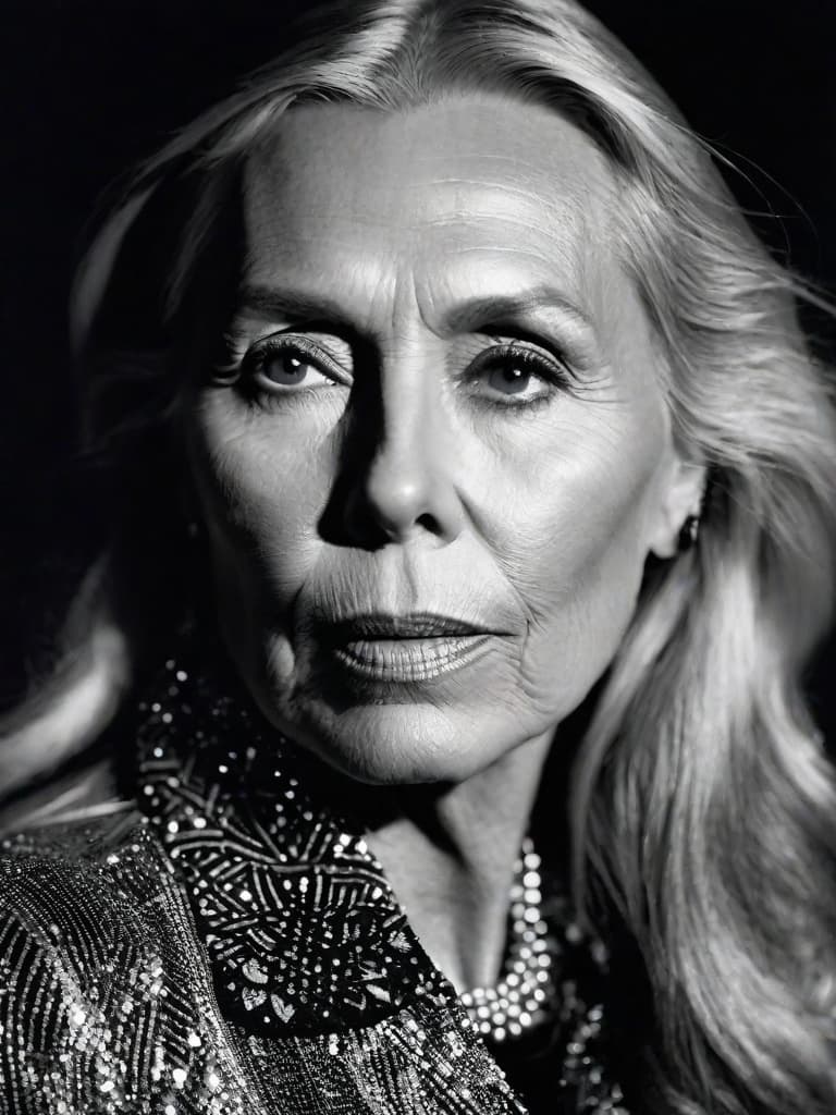  Country singer Joni Mitchell, medium shot, upper body, spotlight, long exposure lighting, street art style spray paint, glamour lighting