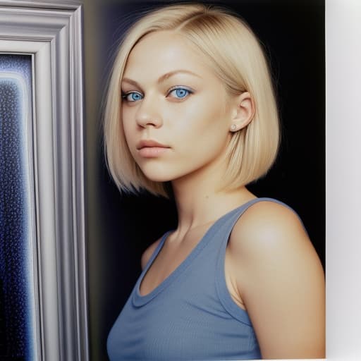  a woman with a short blond bob with blue eyes and a black top is posing for a picture in front of a wall, Alex Grey, superflat, profile picture, a polaroid photos