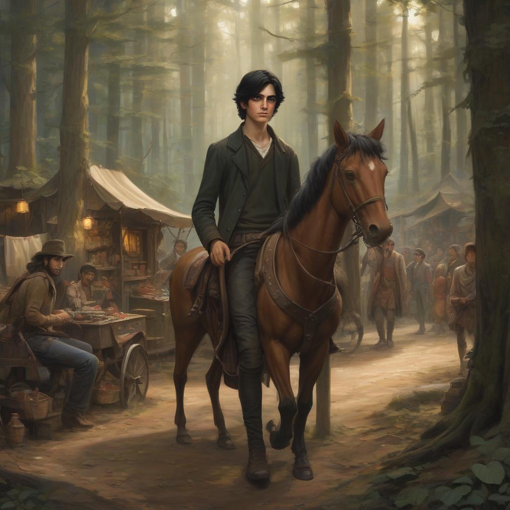  draw in a medium sized style this scene where a black haired young guy with brown eyes meets a small caravan of merchants on one of the forest tracts