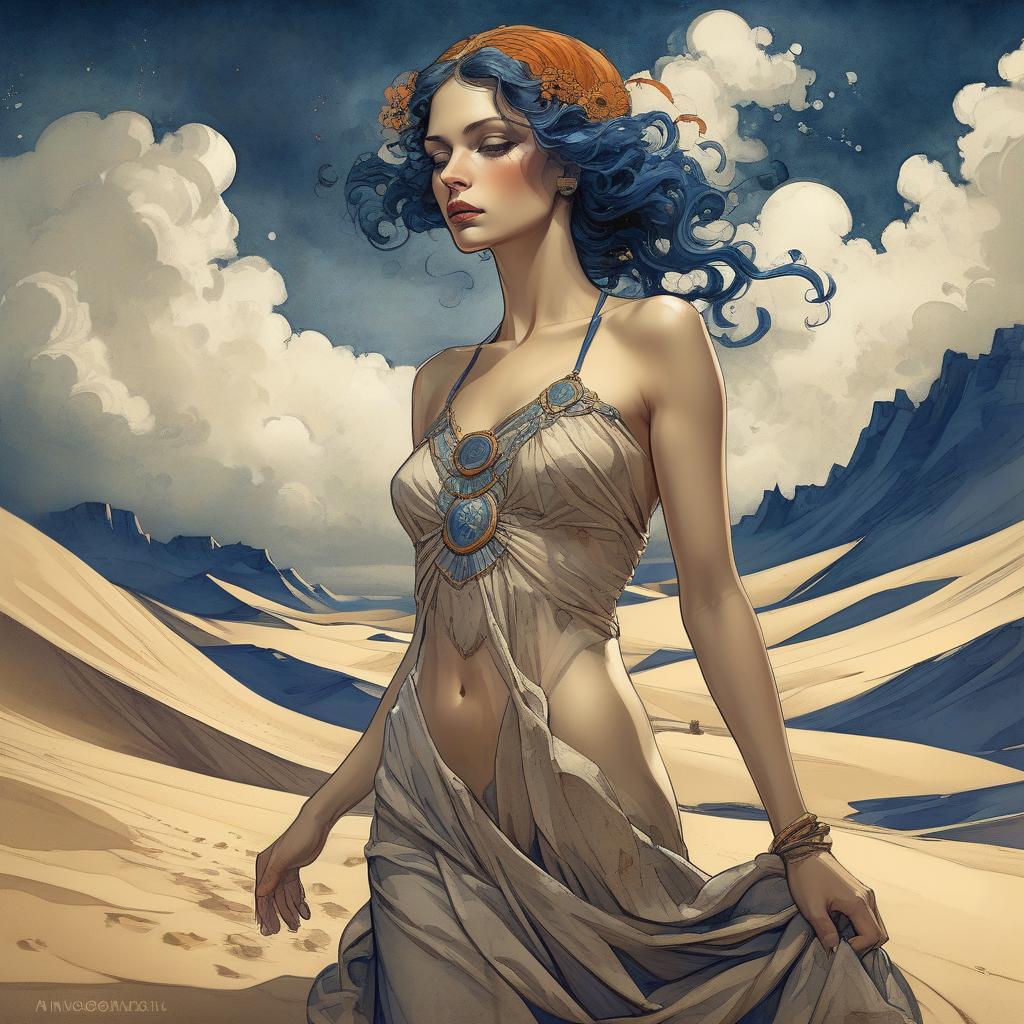  concept art mucha paint a beautiful woman in sand desert stormy, watercolor and ink imperial colors, art deco by annigoni, egon schiele, milo manara, botticelli, catrin welz stein, jean metzinger, klimt, perfect eyes, perfect handsface, highly detailed, splatter, dynamic pose, dark blue background . digital artwork, illustrative, painterly, matte painting, highly detailed