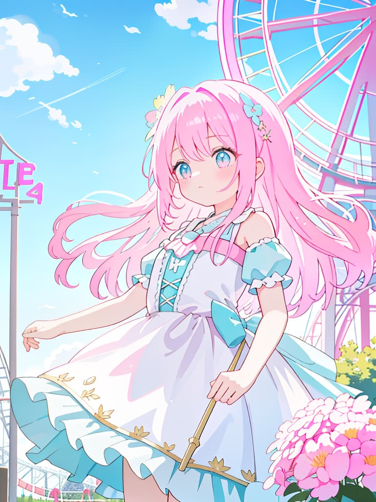  pink and light blue, girl, beautiful girl, upper body, amusement park, shoulder, shoulder, masterpiece, best quality,8k,ultra detailed,high resolution,an extremely delicate and beautiful,hyper detail