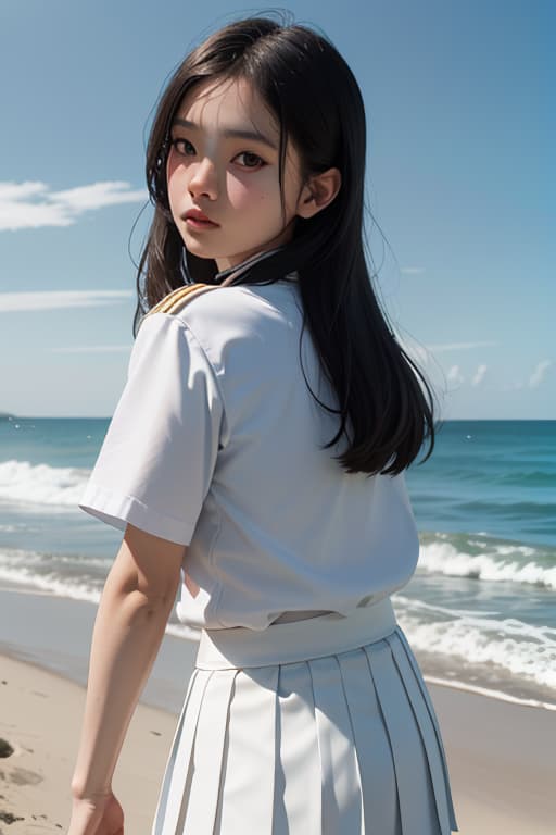  closeup upper body big s no age morning light from behind with beach background, ((mathayom uniform)),black pleated ,white shirt short sleeves,the photograph has a cinematic quality to it, with dramatic lighting that emphasizes the beauty of the model advertising photo,high quality, good proportion, masterpiece , the image is captured with an 8k camera