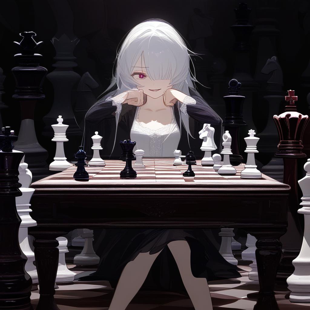  white hair anime woman with shadows hiding face, sitting in front of a table with a chess set on it,an evil smile on her face and only 1 eye is visible . best quality, high resolution