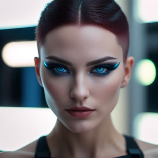  ultra realistic close up portrait ((beautiful pale cyberpunk female with heavy black eyeliner)), blue eyes, shaved side haircut, hyper detail, cinematic lighting, magic neon, dark red city, canon eos r3, nikon, f/1.4, iso 200, 1/160s, 8k, raw, unedited, symmetrical balance, in frame, 8k hyperrealistic, full body, detailed clothing, highly detailed, cinematic lighting, stunningly beautiful, intricate, sharp focus, f/1. 8, 85mm, (centered image composition), (professionally color graded), ((bright soft diffused light)), volumetric fog, trending on instagram, trending on tumblr, HDR 4K, 8K