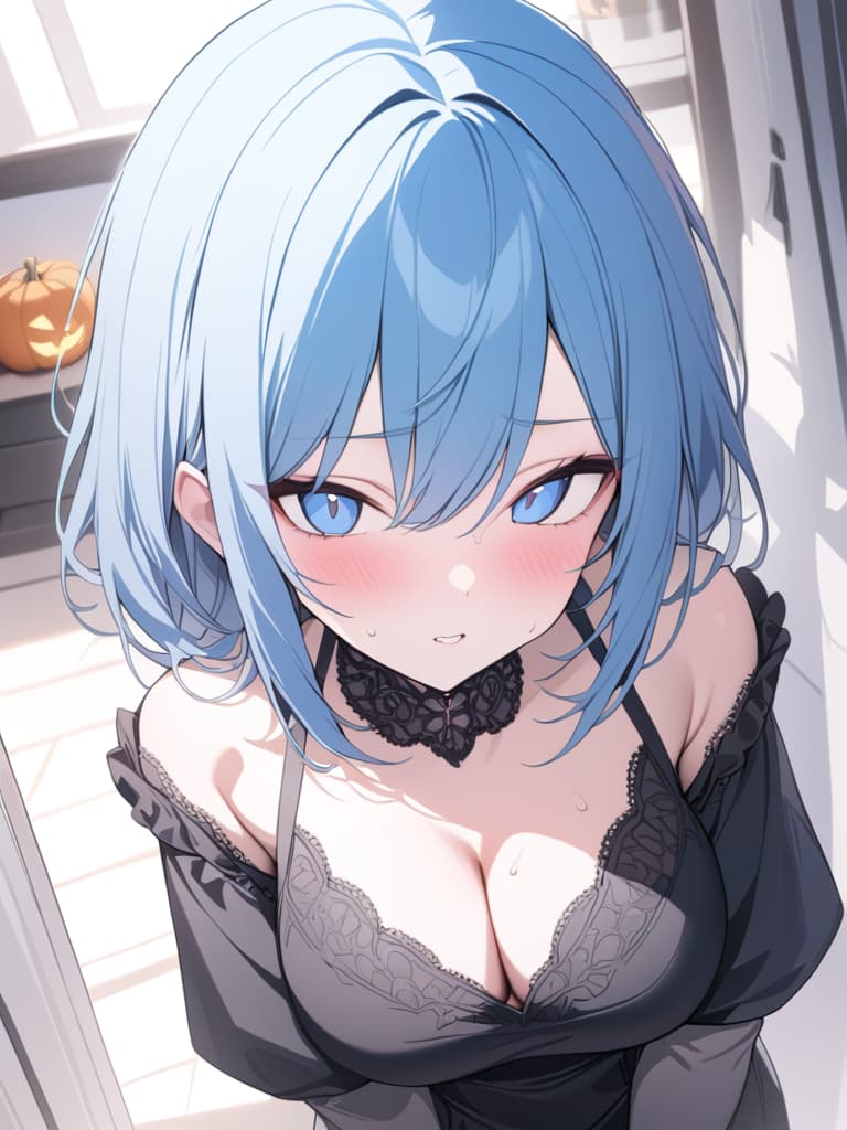  halloween, zombies, light blue, light blue hair, bob hair, masterpiece, best quality,8k,ultra detailed,high resolution,an extremely delicate and beautiful,hyper detail