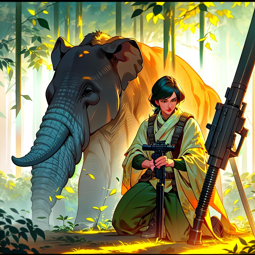  Jungle- hunter, kneeling next to elephant,big gun, raised up and looking through scope-very little sunlight coming through canopy , hyperrealistic, full body, detailed clothing, highly detailed, cinematic lighting, stunningly beautiful, intricate, sharp focus, f/1. 8, 85mm, (centered image composition), (professionally color graded), ((bright soft diffused light)), volumetric fog, trending on instagram, trending on tumblr, HDR 4K, 8K hyperrealistic, full body, detailed clothing, highly detailed, cinematic lighting, stunningly beautiful, intricate, sharp focus, f/1. 8, 85mm, (centered image composition), (professionally color graded), ((bright soft diffused light)), volumetric fog, trending on instagram, trending on tumblr, HDR 4K, 8K