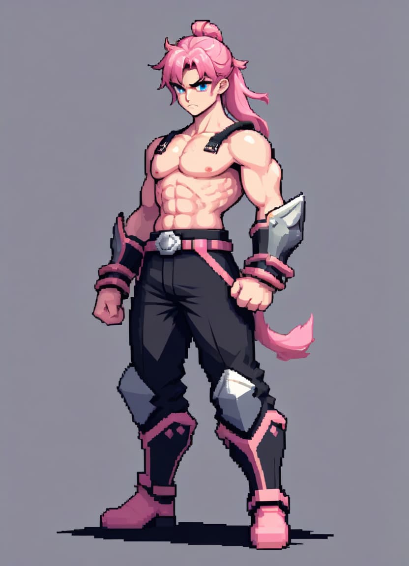  pixel art a fist warrior with a bare torso and pink hair with a ponytail stands and prepares for battle, looks into the frame, portrait, anime pixel style, handsome and in black pants . low res, blocky, pixel art style, 8 bit graphics