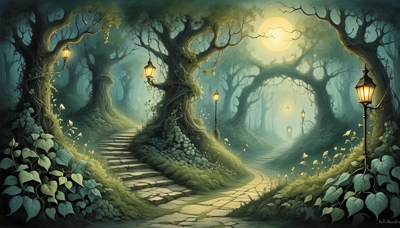  on parchment, surrealism+++, a path illuminated by faint, guiding lights, overgrown with vines, foreboding yet inviting, echoes of footsteps, journey, progress(mysterious, provocative, symbolic,muted color)+++