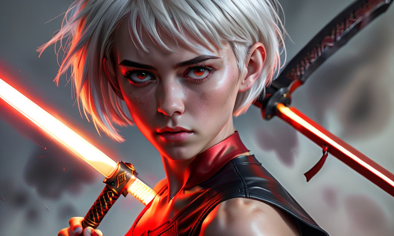  hyperrealistic art girl, behind a sword, short haircut, white hair, athletic build, red top, short black shorts. . extremely high resolution details, photographic, realism pushed to extreme, fine texture, incredibly lifelike, perfecteyes, glowneon