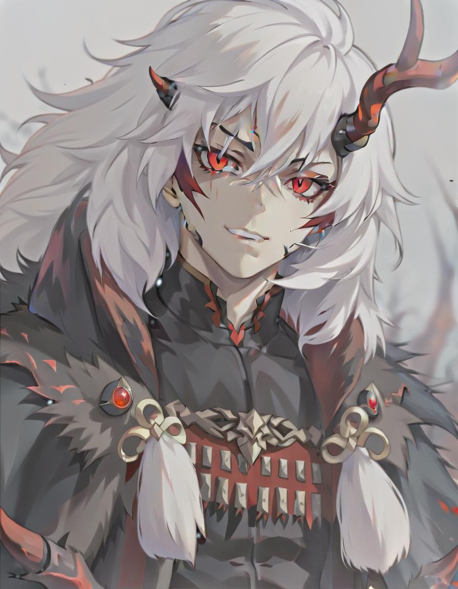  man demon, white skin. red eyes, white hair, red horns, black fur coat, dense forest in the background, sticker