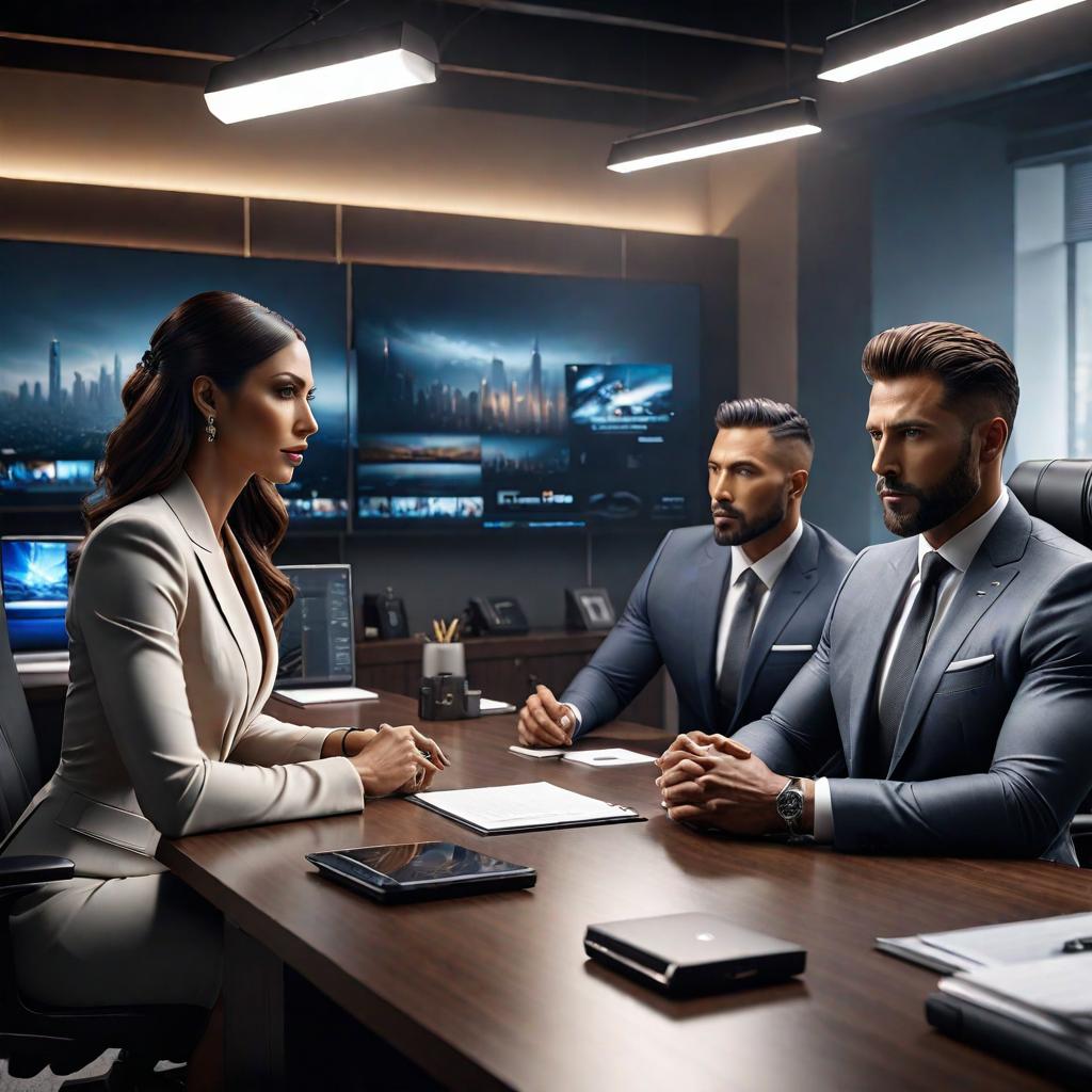  Ideas for a stylish office, business meeting, cinematic, 8k, best quality hyperrealistic, full body, detailed clothing, highly detailed, cinematic lighting, stunningly beautiful, intricate, sharp focus, f/1. 8, 85mm, (centered image composition), (professionally color graded), ((bright soft diffused light)), volumetric fog, trending on instagram, trending on tumblr, HDR 4K, 8K