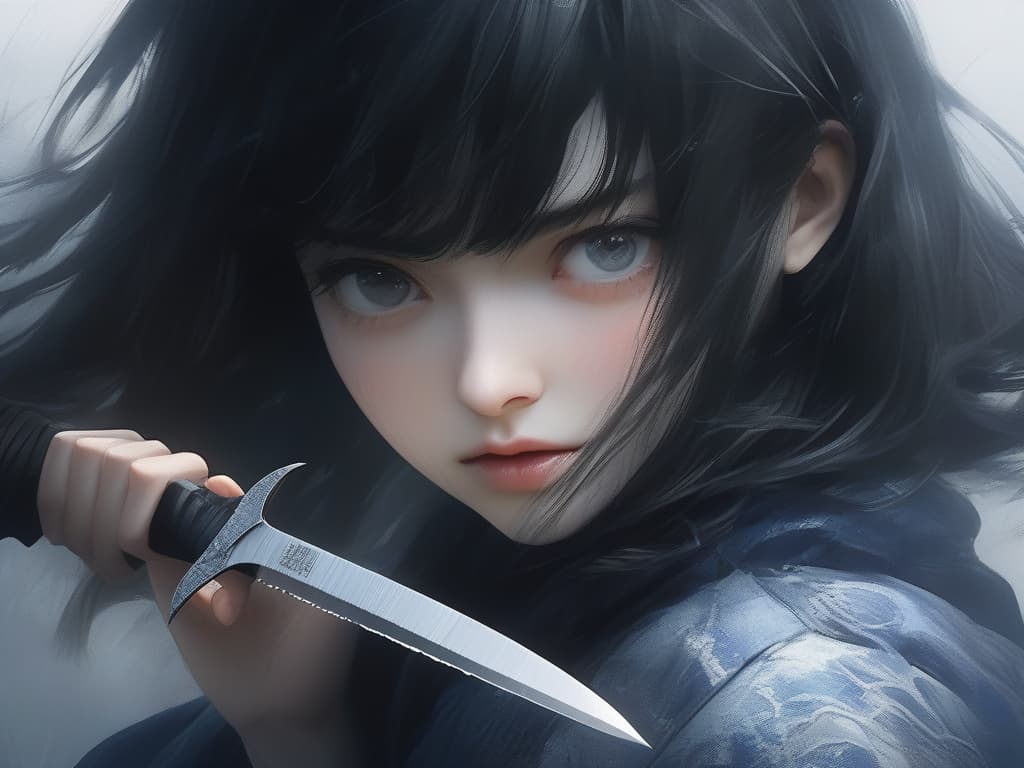  black haired girl with a knife, masterpiece, best quality,8k,ultra detailed,high resolution,an extremely delicate and beautiful,hyper detail