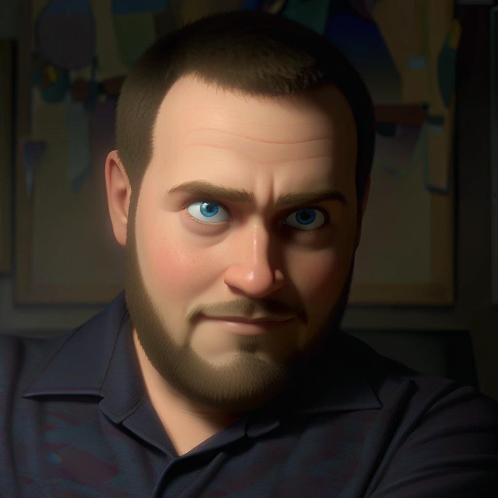  a portrait from the original image in a cartoon style. the person's face from the original image must have an exact resemblance. in pixar style. computer animation, typical of animated films. smile. beard. blue eyes