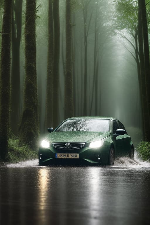  CAR IN FOREST IN RAIN