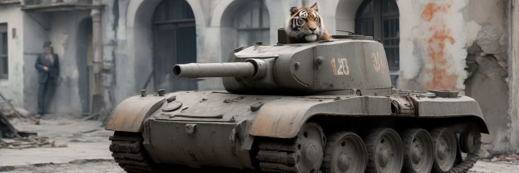  cinematic photo generate a german tiger aust e tank most similar to world war ii on a ruined street. make it even more like a tank from that historical period. paint it gray. the muzzle compensator on the barrel should have only one hole, not two. let a monkey sit on the roof of the tank . 35mm photograph, film, bokeh, professional, 4k, highly detailed