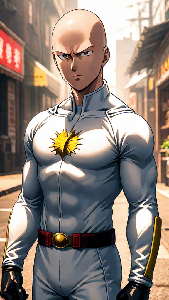  anime art: saitama's hidden past and true strength as the mysterious one punch man. hyperrealistic, full body, detailed clothing, highly detailed, cinematic lighting, stunningly beautiful, intricate, sharp focus, f/1. 8, 85mm, (centered image composition), (professionally color graded), ((bright soft diffused light)), volumetric fog, trending on instagram, trending on tumblr, HDR 4K, 8K