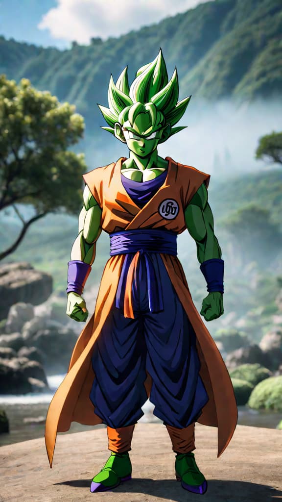  anime art: piccolo fuses with kami, the guardian of earth, enhancing his abilities in dragon ball z. hyperrealistic, full body, detailed clothing, highly detailed, cinematic lighting, stunningly beautiful, intricate, sharp focus, f/1. 8, 85mm, (centered image composition), (professionally color graded), ((bright soft diffused light)), volumetric fog, trending on instagram, trending on tumblr, HDR 4K, 8K