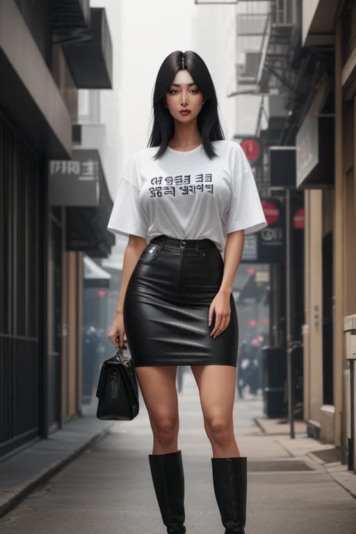  I want to create an image of an original T shirt being worn. The design should be simple, with just the text "OIL MOUNT PRINTERS" in camouflage print. The T shirt should be casual in size and black in color. The model should be a woman in her 20s, resembling a Korean idol. The background should be a city street with about five people visible. hyperrealistic, full body, detailed clothing, highly detailed, cinematic lighting, stunningly beautiful, intricate, sharp focus, f/1. 8, 85mm, (centered image composition), (professionally color graded), ((bright soft diffused light)), volumetric fog, trending on instagram, trending on tumblr, HDR 4K, 8K