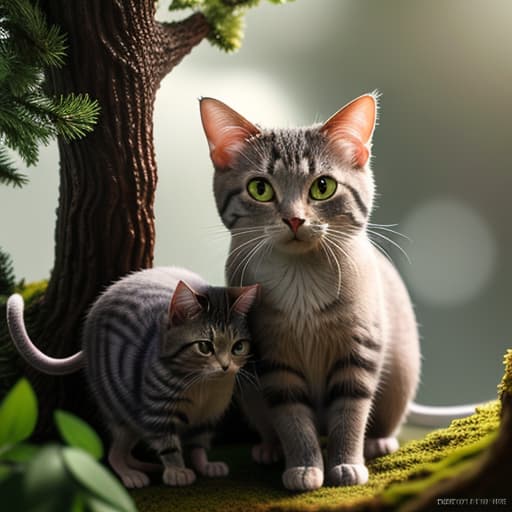  a cat and mouse on the tree hyperrealistic, full body, detailed clothing, highly detailed, cinematic lighting, stunningly beautiful, intricate, sharp focus, f/1. 8, 85mm, (centered image composition), (professionally color graded), ((bright soft diffused light)), volumetric fog, trending on instagram, trending on tumblr, HDR 4K, 8K