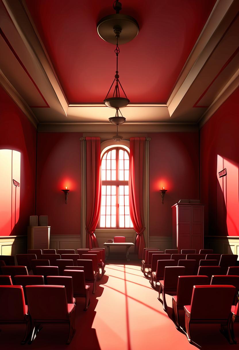  renaissance style a meeting room with empty seats, red flags on walls (cel shading, vintage anime:1.25) . realistic, perspective, light and shadow, religious or mythological themes, highly detailed