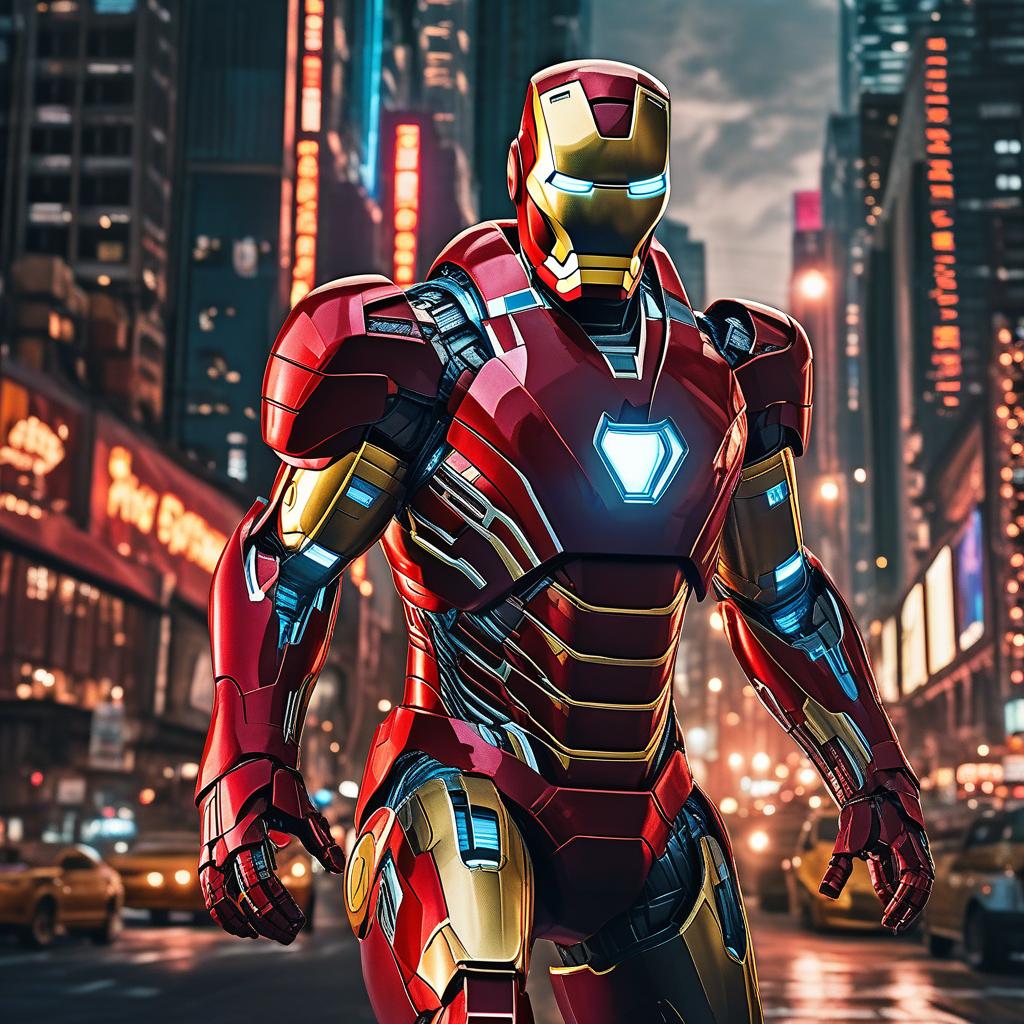  masterpiece, best quality, masterpiece, 8k resolution, realistic, highly detailed, Iron Man close-up. He stands on a street lined with tall buildings in a cyberpunk style city at night. The city's night lights are bright, and the surrounding buildings and streets are full of cyberpunk elements such as neon lights, high-tech equipment and futuristic architectural design.