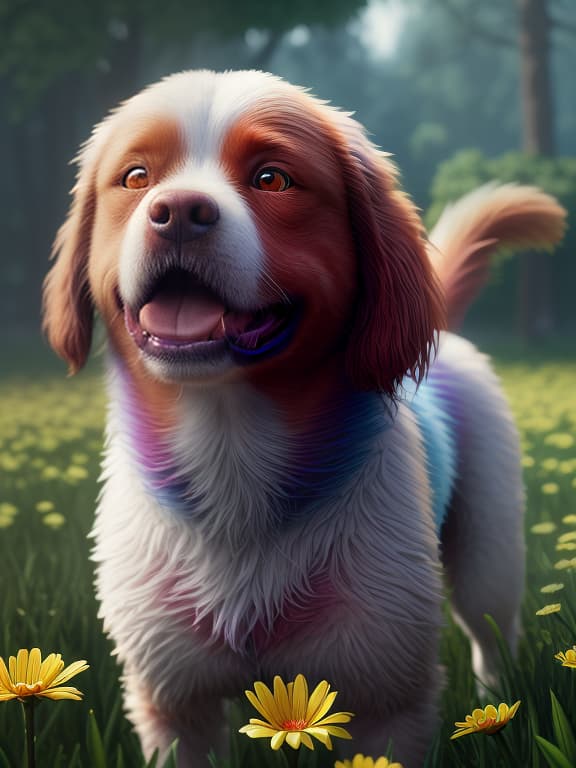  the happiest dog in the world, background flower field, (extremely detailed oil painting:1.2), glow effects, godrays, hand drawn, render, 8k, octane render, cinema 4d, blender, dark, atmospheric 4k ultra detailed, cinematic sensual, sharp focus, humorous illustration, big depth of field, masterpiece, colors, 3d octane render, 4k, concept art, trending on artstation, hyperrealistic, vivid colors, extremely detailed cg unity 8k wallpaper, trending on artstation, trending on cgsociety, intricate, high detail, dramatic