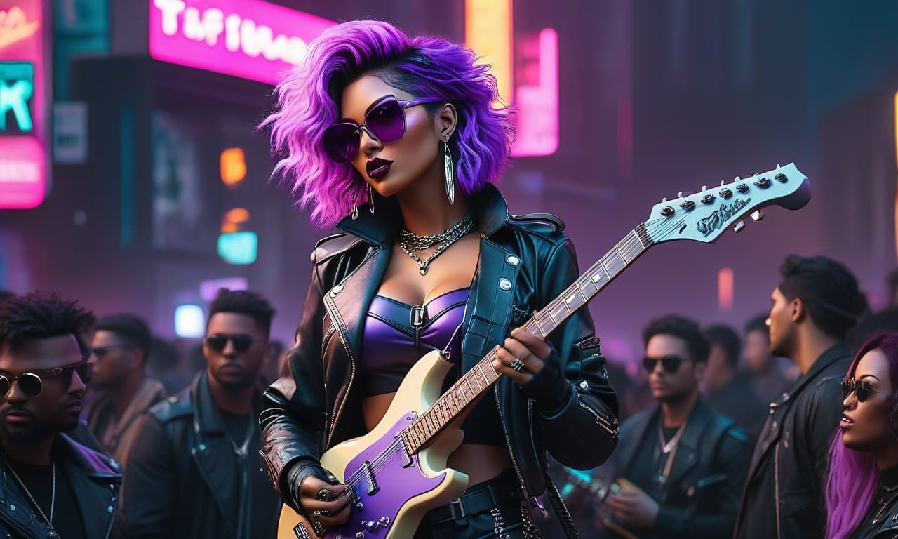  neonpunk style a beautiful rock diva with a guitar speaks to a crowd of fans . cyberpunk, vaporwave, neon, vibes, vibrant, stunningly beautiful, crisp, detailed, sleek, ultramodern, magenta highlights, dark purple shadows, high contrast, cinematic, ultra detailed, intricate, professional hyperrealistic, full body, detailed clothing, highly detailed, cinematic lighting, stunningly beautiful, intricate, sharp focus, f/1. 8, 85mm, (centered image composition), (professionally color graded), ((bright soft diffused light)), volumetric fog, trending on instagram, trending on tumblr, HDR 4K, 8K