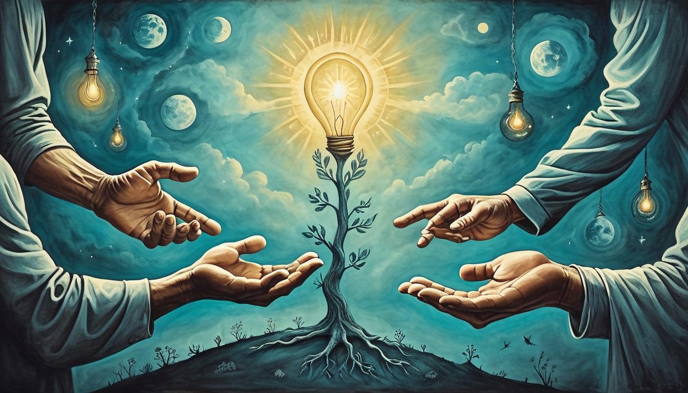  on parchment, surrealism+++, collaborative hands reaching towards a glowing future, teamwork, aspirations, determined, hopeful(mysterious, provocative, symbolic,muted color)+++