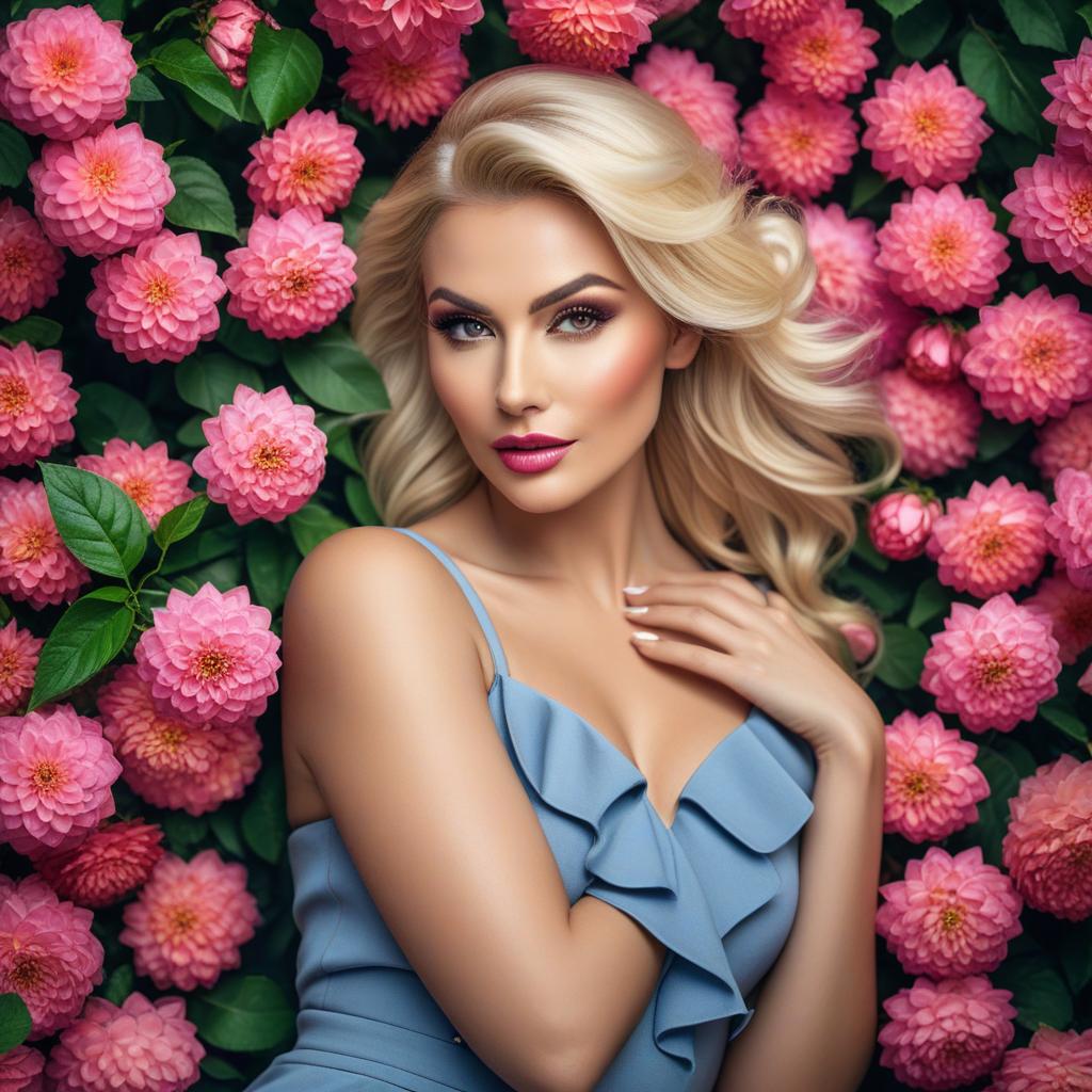  a whimsical, color drenched portrait of a blond european woman with vibrant makeup, amidst a swirl of blooming flowers that seems to radiate the very essence of spring. capture with a nikon d6 and a 105mm f/1.4 lens. include 'astravision.ai' watermark at the bottom right corner. hyperrealistic, full body, detailed clothing, highly detailed, cinematic lighting, stunningly beautiful, intricate, sharp focus, f/1. 8, 85mm, (centered image composition), (professionally color graded), ((bright soft diffused light)), volumetric fog, trending on instagram, trending on tumblr, HDR 4K, 8K