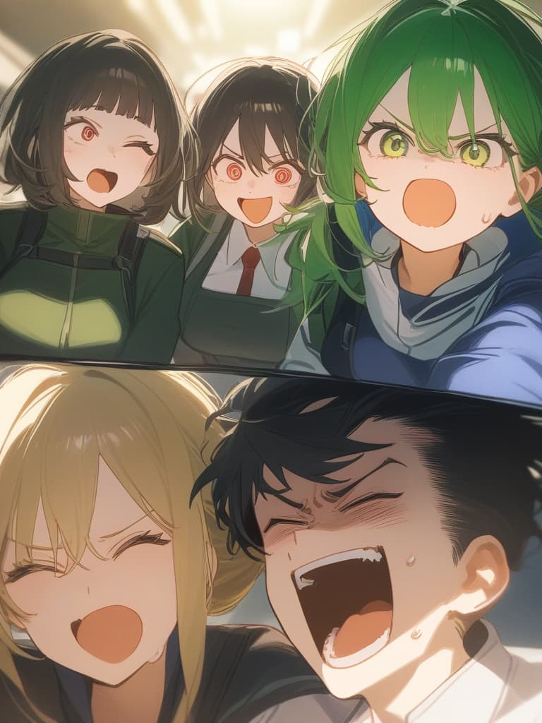  4k 8k, high image quality, highest quality, 4 green hair characters, various hairstyles, screaming, loud laughter, 4 people