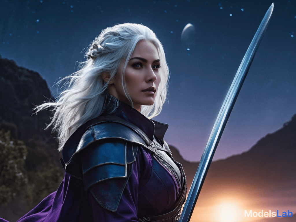  a realistic and cinematic depiction of a white haired woman with striking heterochromatic eyes—one blue and one purple—wielding a sharp katana. she is mid action, powerfully slashing through a glowing full moon in the dark sky, which is now in a broader, more expansive background. the moon is splitting dramatically in half, with glowing fragments scattering through the night. the background features a vast, starry sky with clouds faintly illuminated by the moonlight, and the landscape below, a distant silhouette of mountains and forests, adds depth to the scene. the moonlight highlights the woman's determined expression and flowing hair as the environment and celestial destruction are given greater emphasis. hyperrealistic, full body, detailed clothing, highly detailed, cinematic lighting, stunningly beautiful, intricate, sharp focus, f/1. 8, 85mm, (centered image composition), (professionally color graded), ((bright soft diffused light)), volumetric fog, trending on instagram, trending on tumblr, HDR 4K, 8K