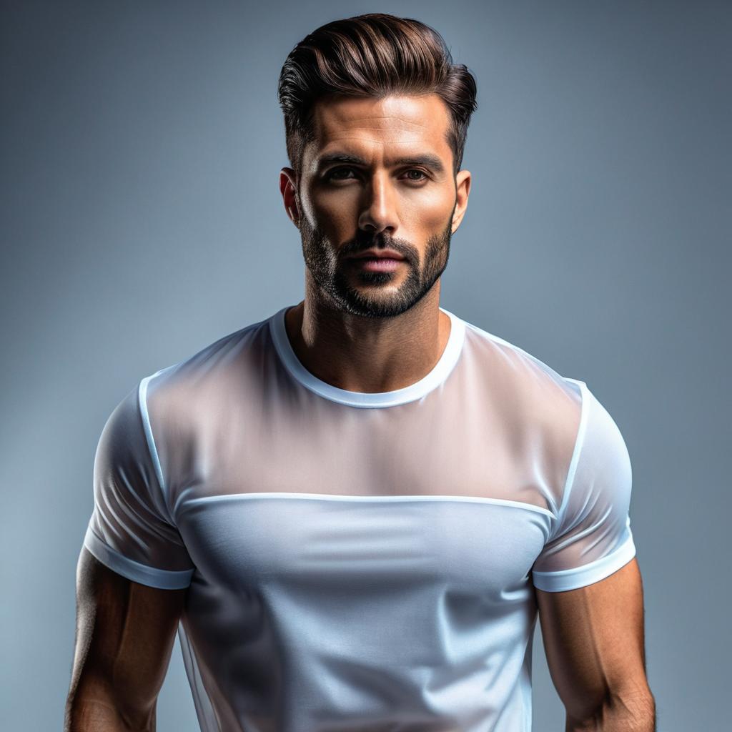  men's organza tshirt hyperrealistic, full body, detailed clothing, highly detailed, cinematic lighting, stunningly beautiful, intricate, sharp focus, f/1. 8, 85mm, (centered image composition), (professionally color graded), ((bright soft diffused light)), volumetric fog, trending on instagram, trending on tumblr, HDR 4K, 8K