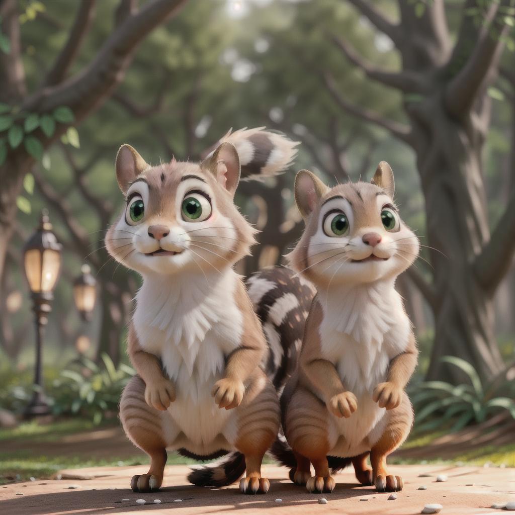  A female squirrel, big pretty eyes, Disney animated hyperrealistic, full body, detailed clothing, highly detailed, cinematic lighting, stunningly beautiful, intricate, sharp focus, f/1. 8, 85mm, (centered image composition), (professionally color graded), ((bright soft diffused light)), volumetric fog, trending on instagram, trending on tumblr, HDR 4K, 8K