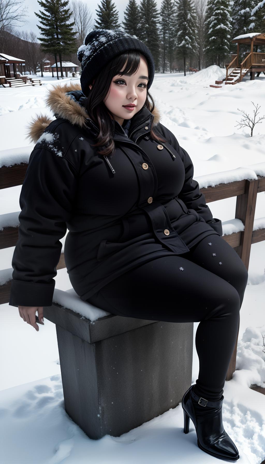   chubby woman, legs in snow park, high heels, seksi legs