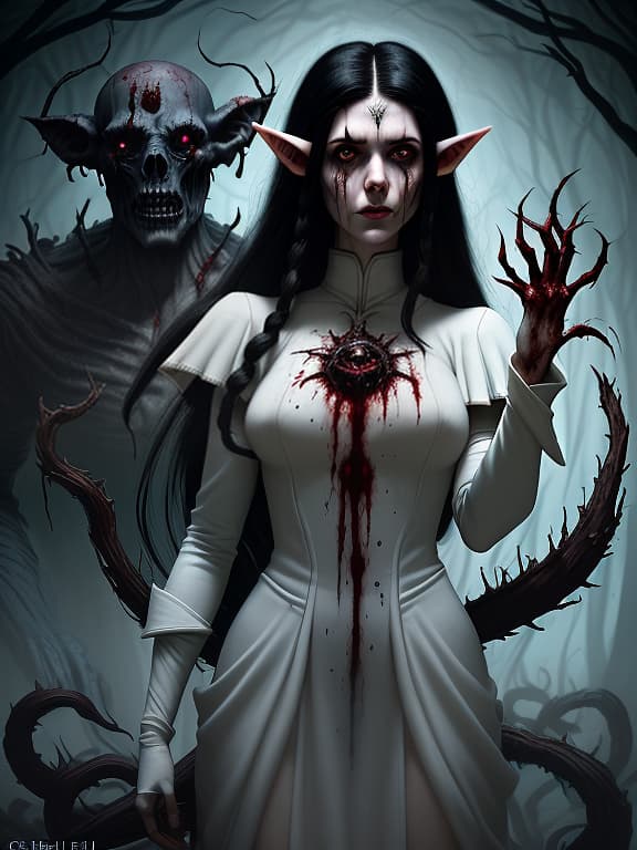  elfish from the universe of warhammer 40000, in white attire, hair gathered in a tail, black hair, brown eyes, hands behind her back, the elf looks from high, dark , creepy , blood , monsters , by jason engle , carlos huante , charlie bowater , simon lee , brom