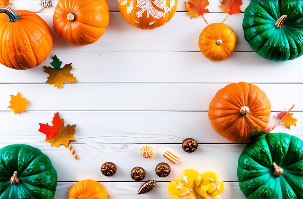  halloween background, top view. pumpkins and sweets on white wooden table, flat lay. hallowen food and decorations on wood planks with space. design, fall, october, halloween, treat and trick concept ar 3:2 {prompt}, maximum details