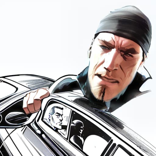  racer, hand on the wheel, chasing headlights, on a black background, graphic novel bold lines dynamic poses speech bubbles frank miller alex ross jim lee fiona staples mike mignola