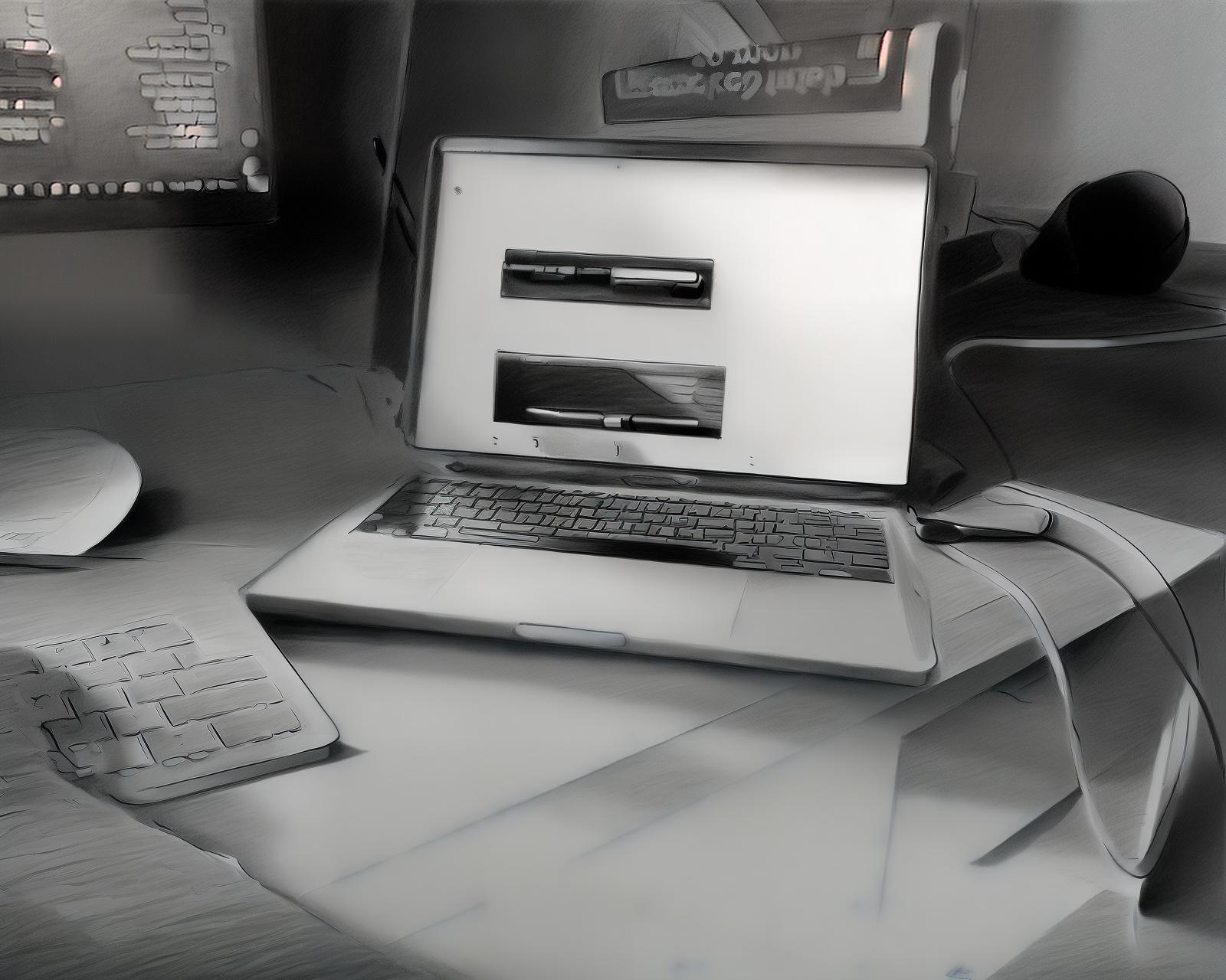  a hyper realistic pencil ,hand drawn professional pencil sketch of a laptop is open on a desk with a keyboard , bw, masterpiece, sketch, best quality, sketch, grain