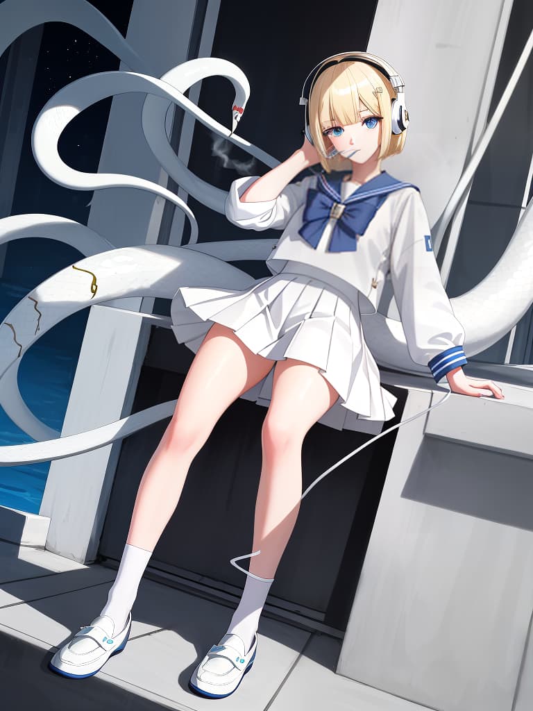  a who smokes a cigarette, a white sailor suit, a white pleated , a whole body, black loafers, blue eyes, blonde bob hair, summer sailor, snake tattoo on legs, one , white sailor suit headphones, 綣 綣, headphones, many hairpins on bangs, masterpiece, best quality,8k,ultra detailed,high resolution,an extremely delicate and beautiful,hyper detail