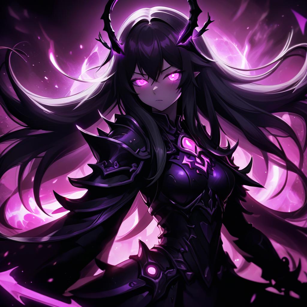  anime artwork a close up of a person with long hair, shadowverse style, dark moody purple lighting, glowing pink eyes, nekro, there is a glow coming from her, magic the gathering artstyle, app icon, deathknight, black void, endgame boss, beautiful image, dark screen . anime style, key visual, vibrant, studio anime, highly detailed