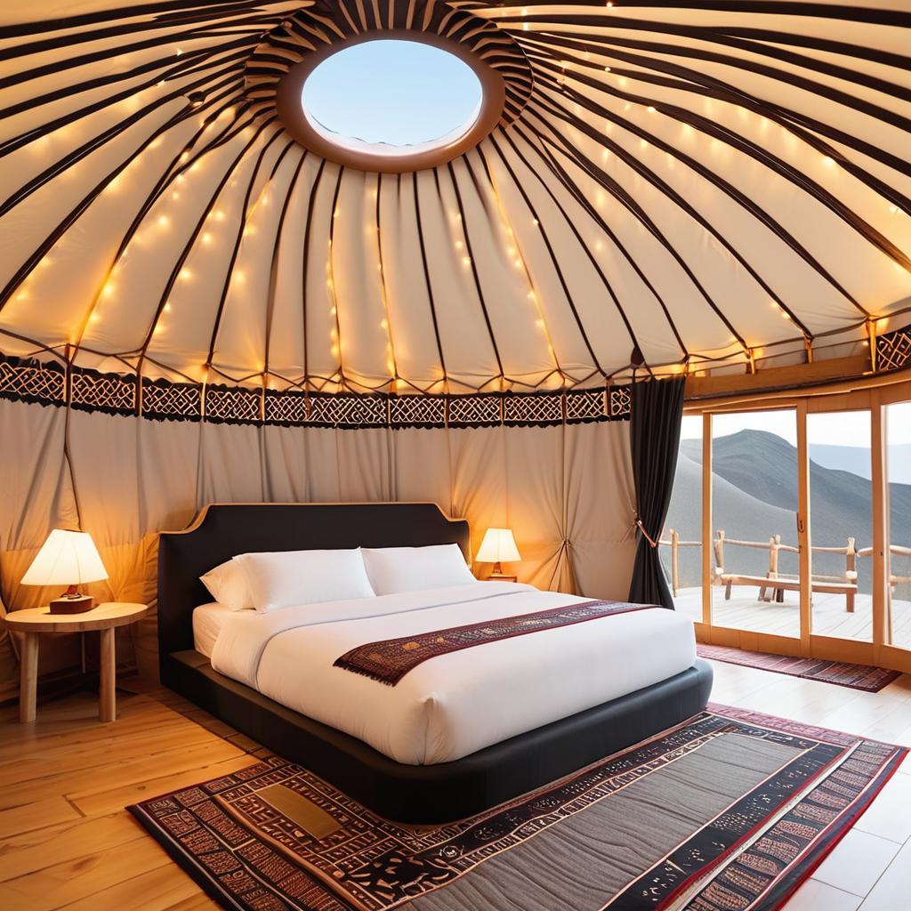  sand dune themed interior, mongolian yurt, floating bed with led lights,rock