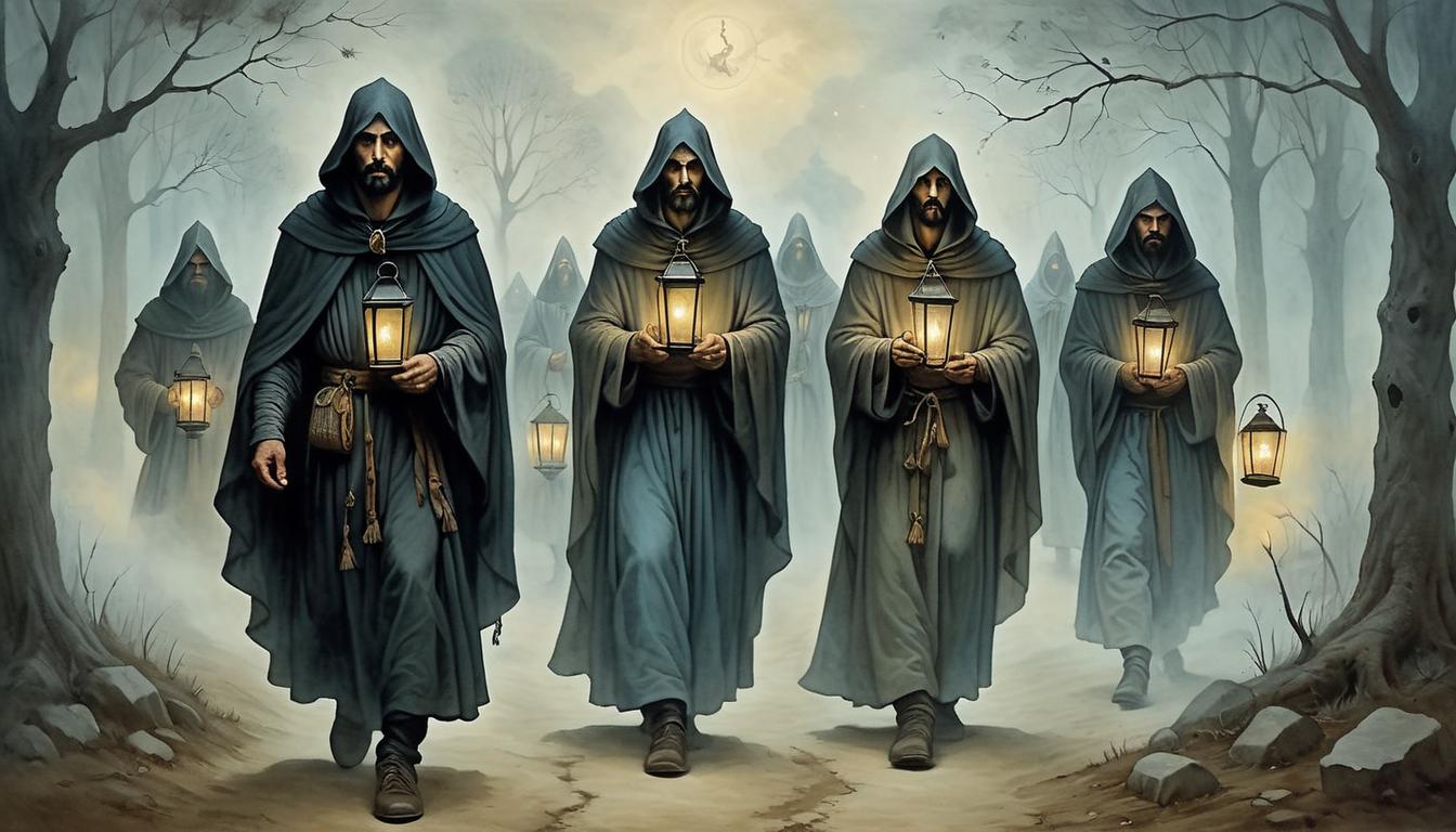  on parchment, surrealism+++, a group of figures with piercing eyes, holding lanterns, illuminating a foggy path, unwavering purpose, seeing through the veils, resolute, vigilant(mysterious, provocative, symbolic,muted color)+++