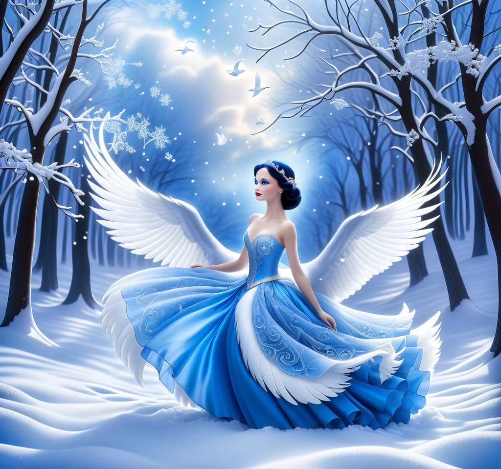  dreamscape (blue eyed) i've been jinxed (snow singer1,3) . ((snow swan)) ((the snow swan)) feathers at my feet. ( feathers flutterь. and slowly sink into the snow).(snow white swan):the head and torso are creamy white with a silvery tint. wings of white blue colour from snowflakes (roses): light blue colour with leaves from ice crystals. background: soft blue with delicate patterns of falling snow and whirlwind curls. . surreal, ethereal, dreamy, mysterious, fantasy, highly detailed, civitai, hkmagic