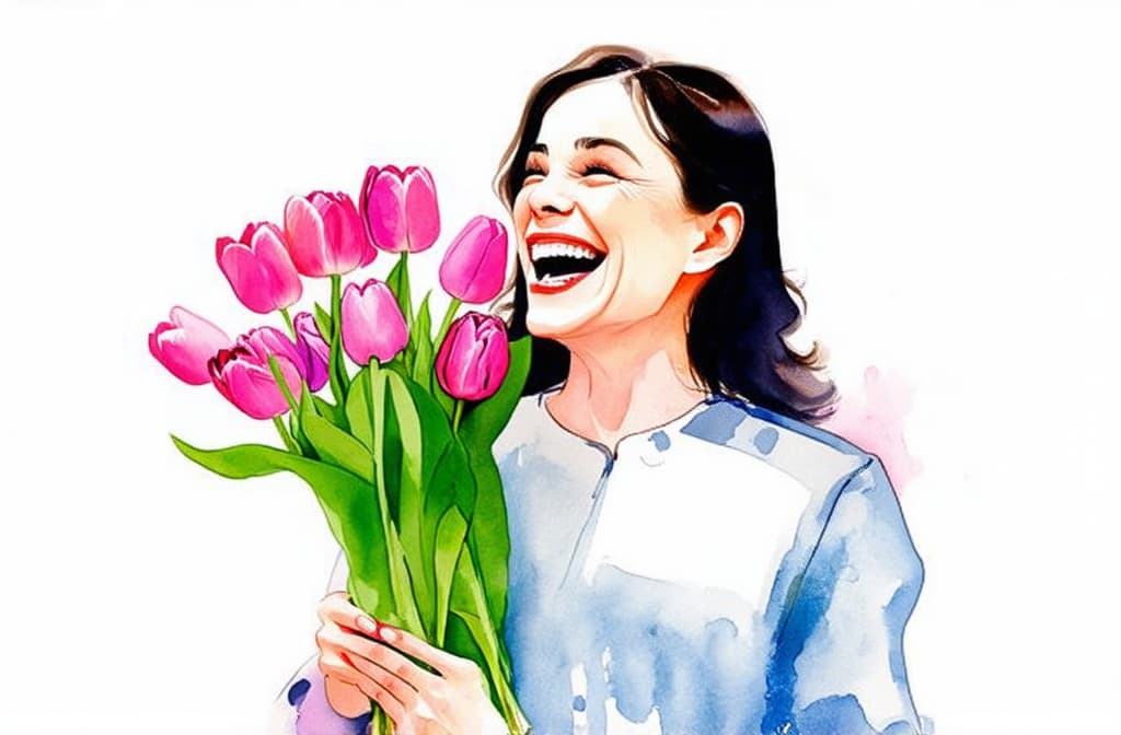  artwork beautiful woman laughs, holds a bouquet of pink tulips in her hands, space for text, white background, photo ar 16:9 ar 3:2, watercolor techniques, featuring fluid colors, subtle gradients, transparency associated with watercolor art