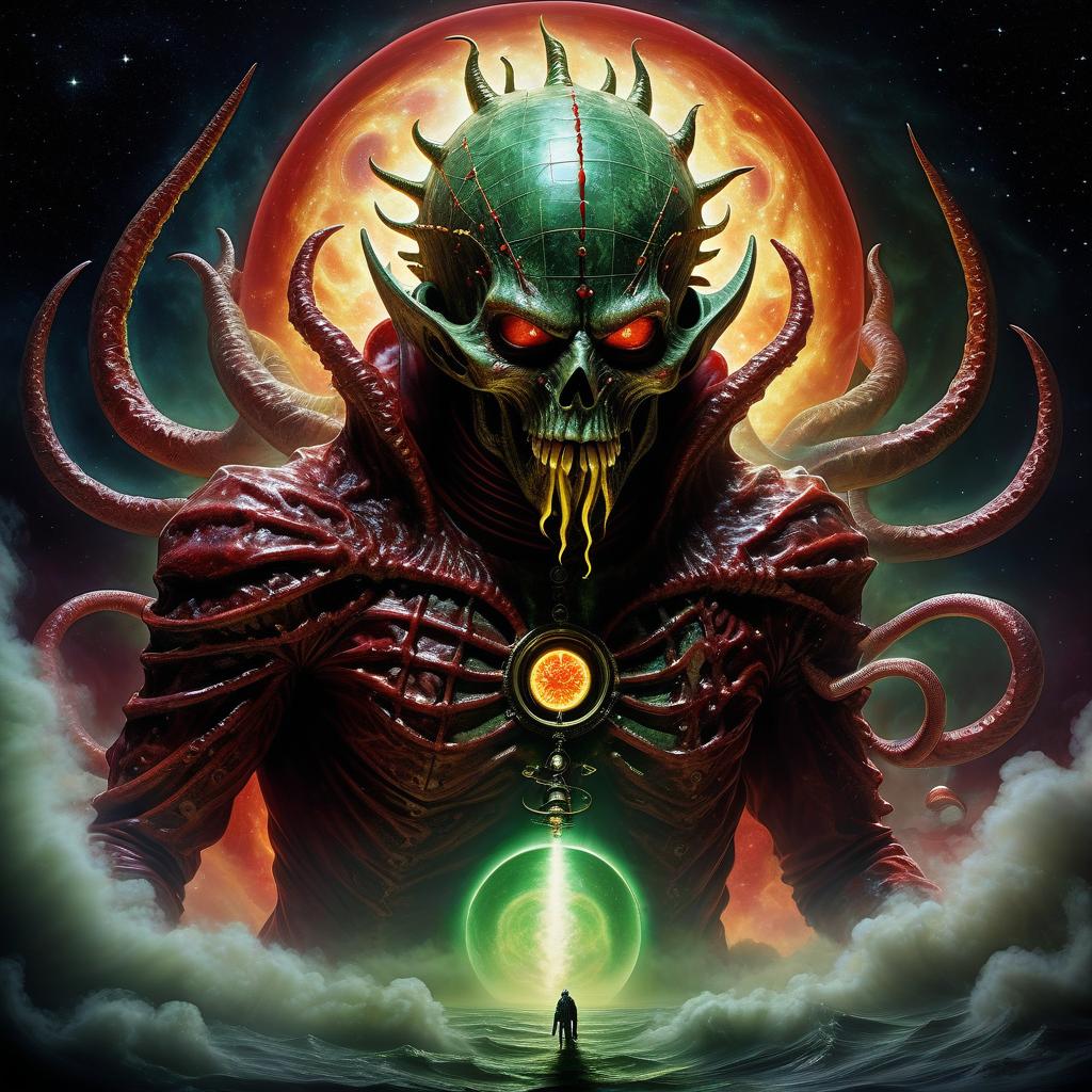  space themed demon hellraiser alien in a mantle flowing red mucus in wounds and white smoke red rings of light green yellow fire in the darkness of horror tentacles suckers needles hooks claws lamps moon . cosmic, celestial, stars, galaxies, nebulas, planets, science fiction, highly detailed